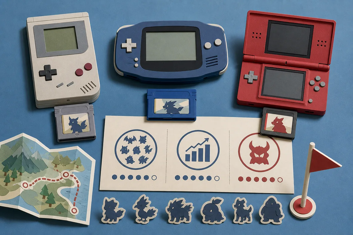 Editorial illustration of a handheld Pokemon game, route map, encounter notes, and Nuzlocke challenge tokens