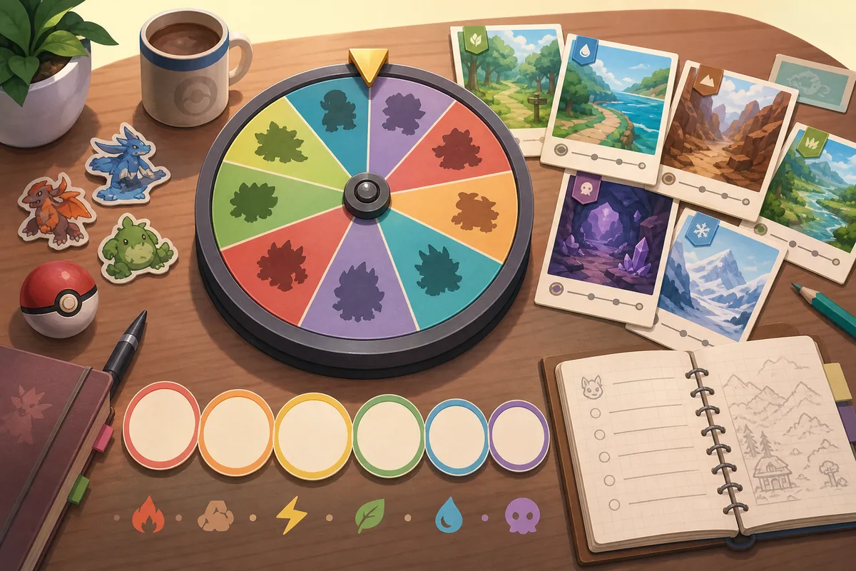 Editorial concept image of a roulette wheel, route cards, and blank team slots for Pokemon challenge prompts