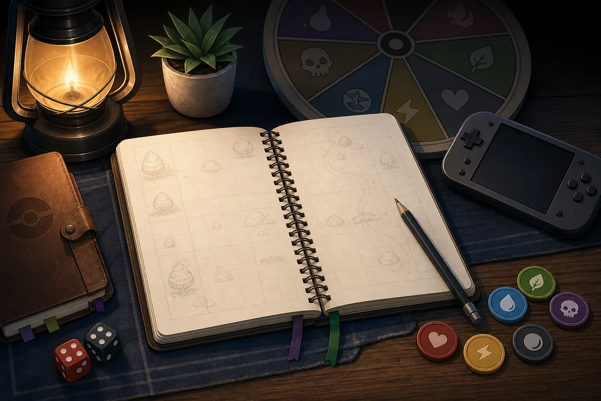 Editorial concept image of a Hardcore Nuzlocke rule sheet, route notebook, dice, and challenge tokens