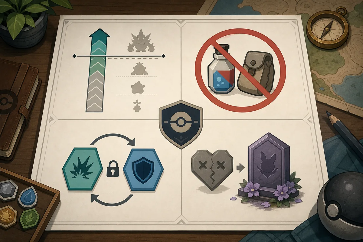 Editorial concept image showing level caps, no battle items, set mode, and permadeath as challenge symbols
