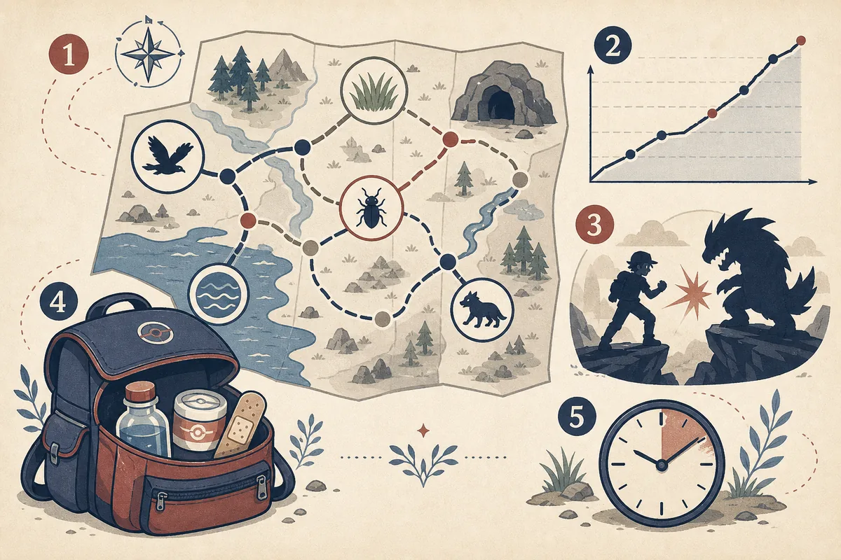 Editorial illustration showing encounter variety, level curve, boss pressure, grinding, and replay value as game selection criteria
