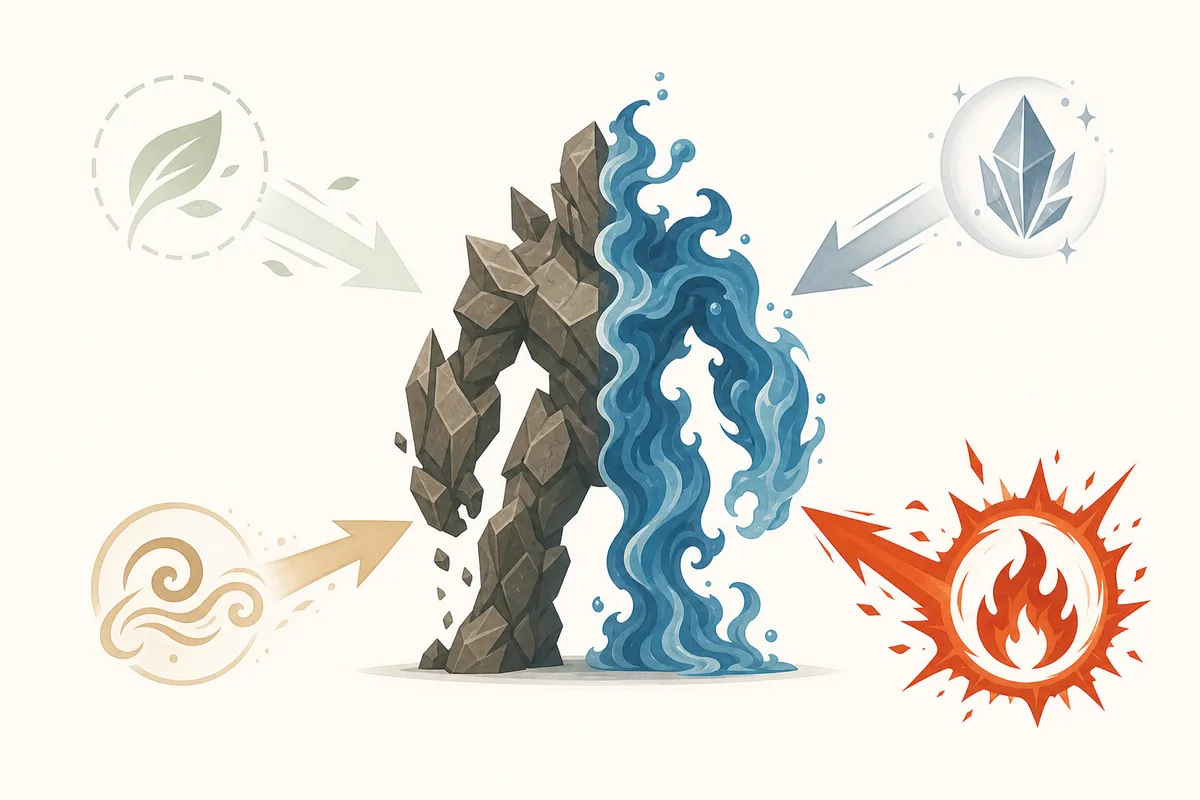 Ilustração editorial de uma criatura elemental genérica recebendo ataques diferentes
