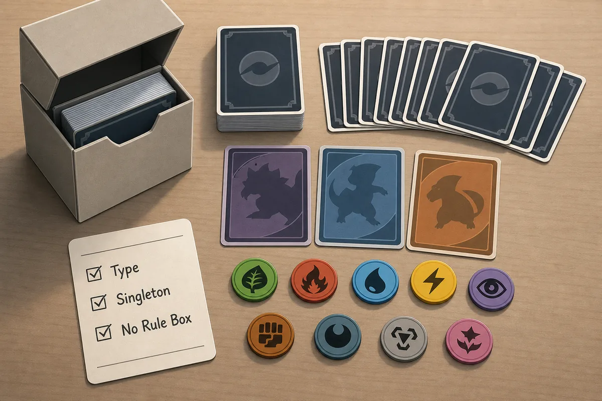 Plan editorial de mesa para reglas GLC con un tipo, cartas singleton y caja de mazo