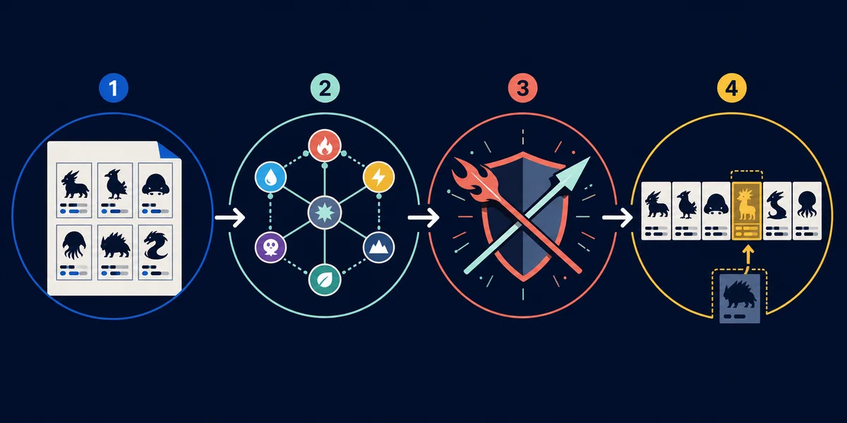 Editorial four-step flow from drafting a monotype team to checking coverage, testing, and replacing one slot