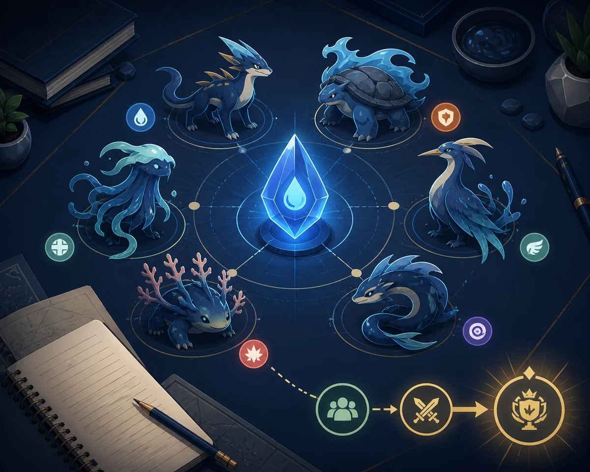 Editorial illustration of six abstract team members arranged around one shared type crystal
