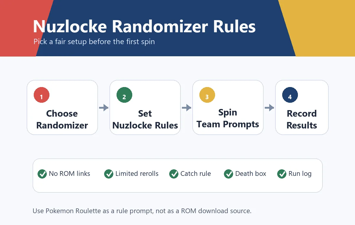 Diagrama de reglas Nuzlocke randomizer con ajustes, reglas fijas, prompts de roulette y registro