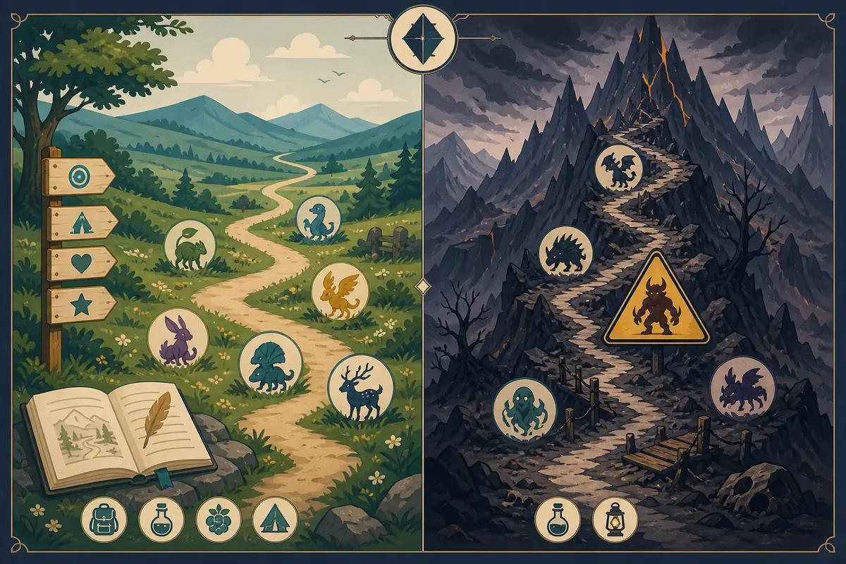 Illustration comparant difficulté, variété des rencontres, confort de jeu et rejouabilité
