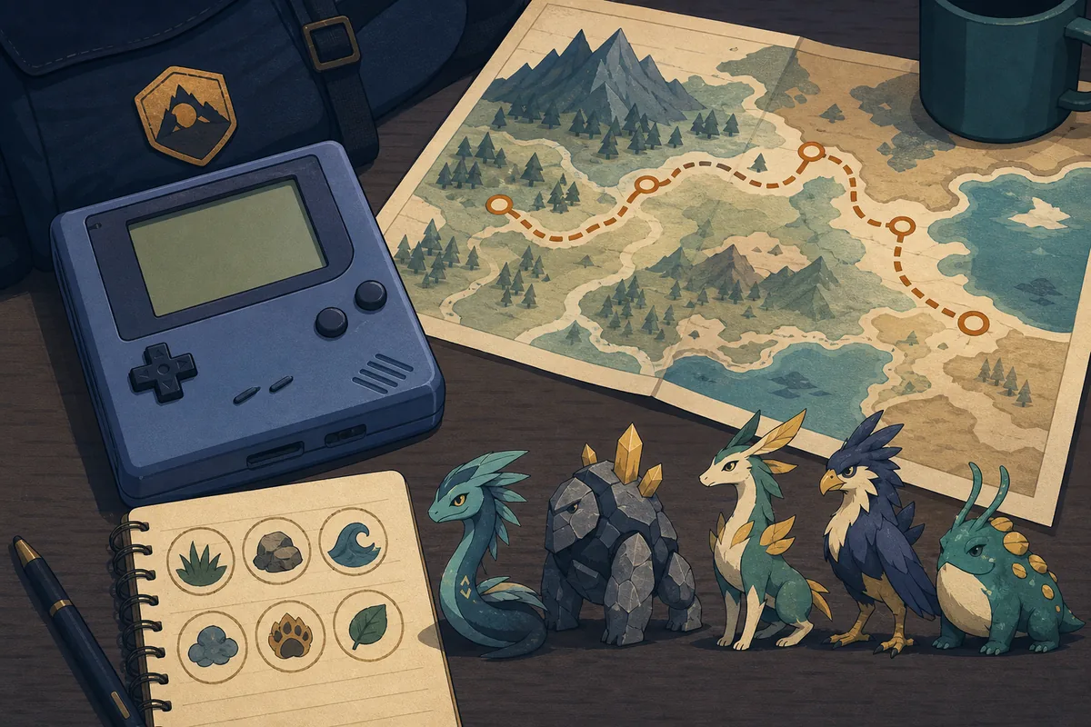 Illustration éditoriale d’une décision Nuzlocke avec carte de route, rencontres et marqueurs de défi
