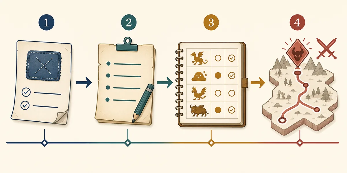 Illustration d’une note de patch, d’une version, d’un journal de route et d’une première rencontre