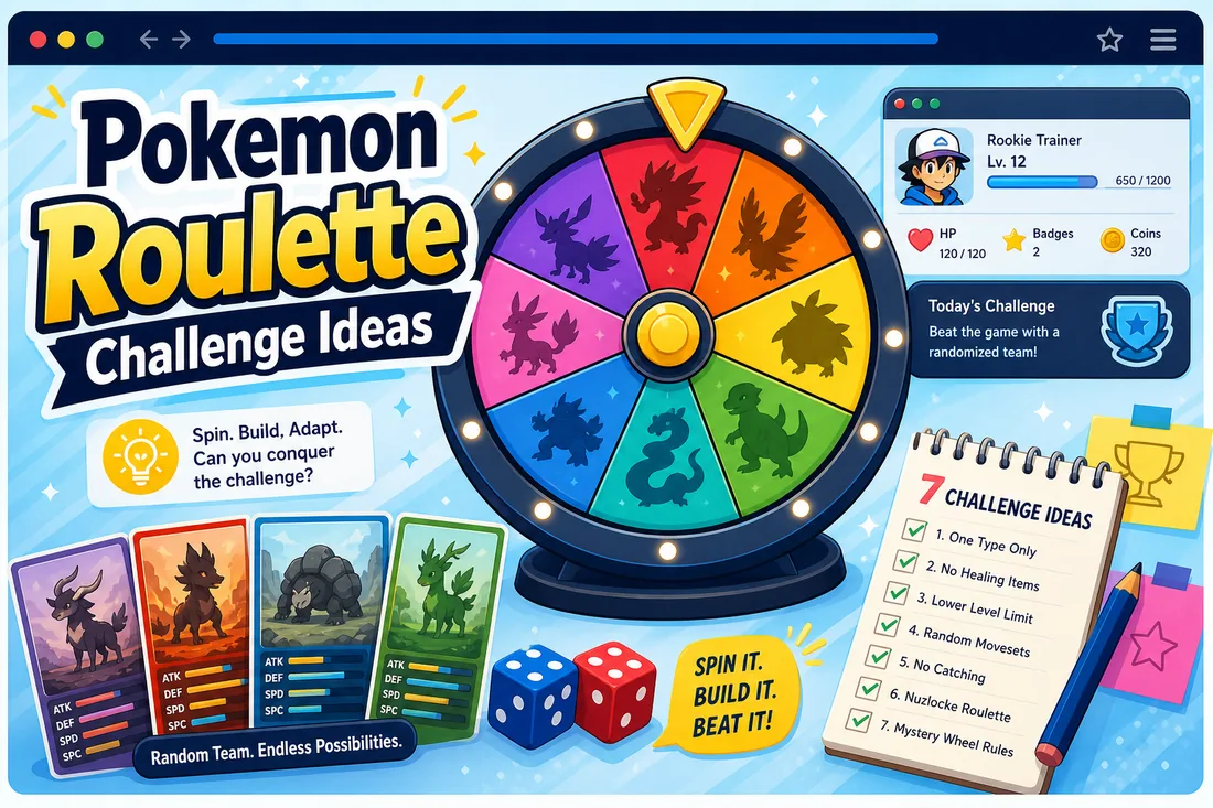 Idee sfida per Roulette Pokémon mostrate come una ruota colorata con carte regola