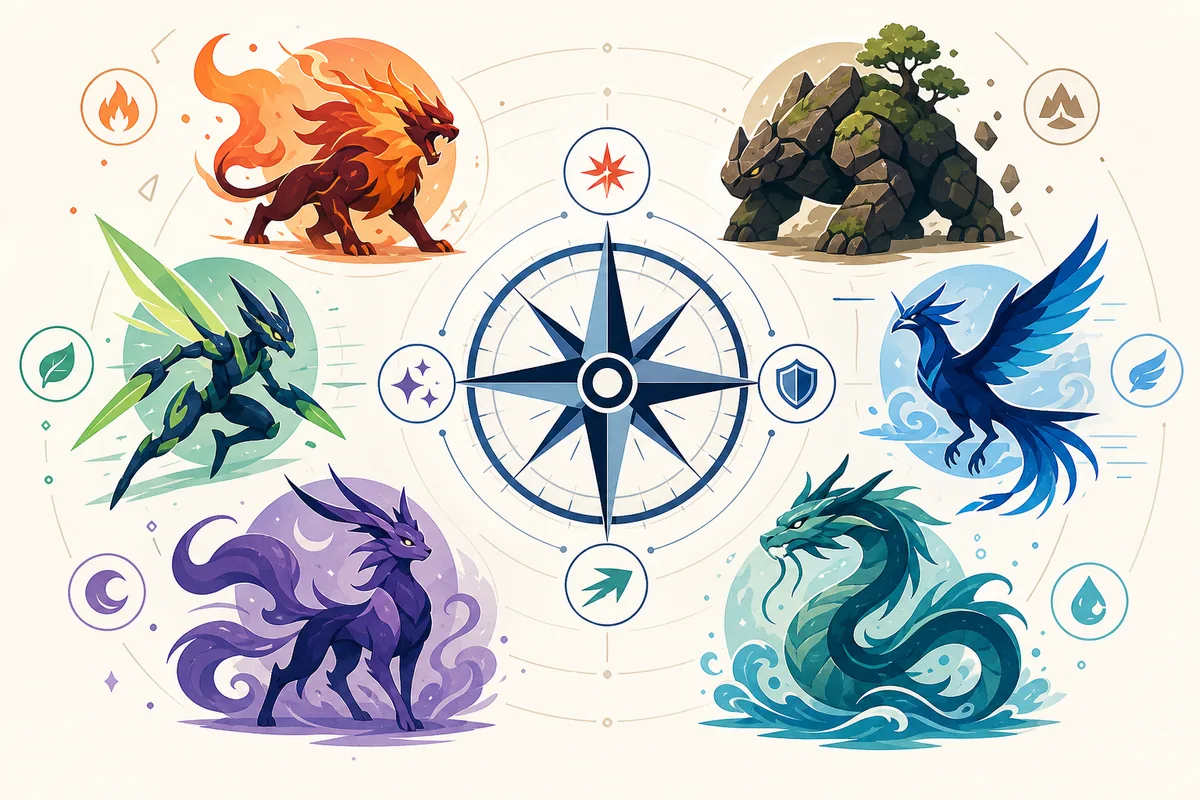 Illustration éditoriale de six créatures de style Pokémon disposées autour d'une boussole de planification d'équipe