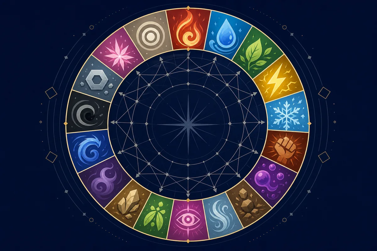 Roda editorial de símbolos elementais representando os 18 tipos Pokémon