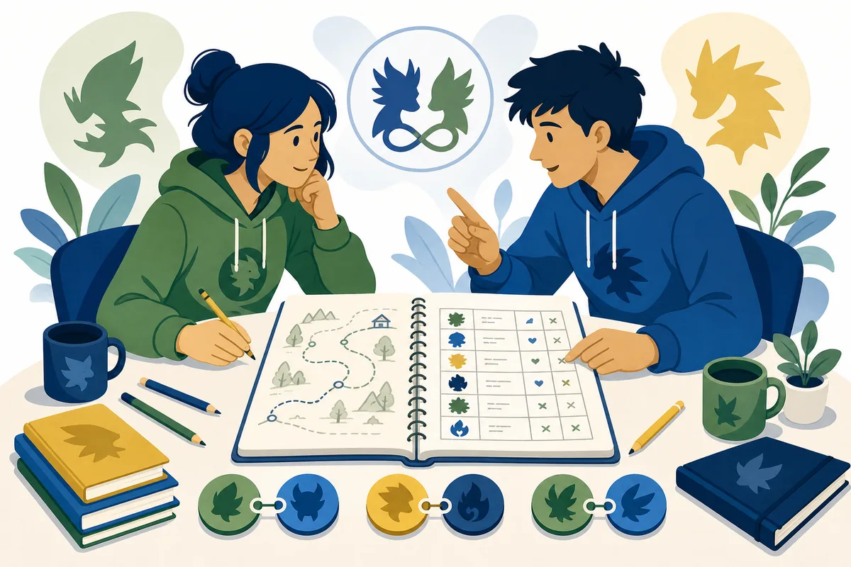 Two players planning Soul Link Nuzlocke rules with paired route tokens and a shared notebook