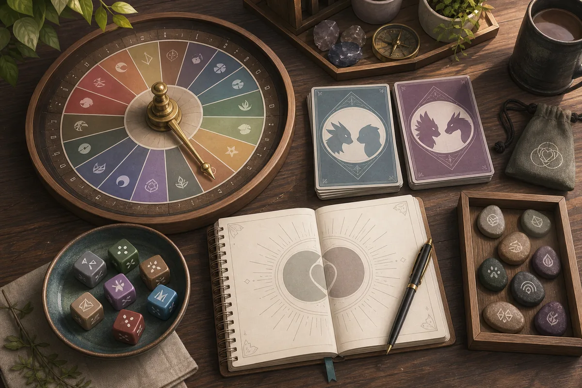 Roulette wheel, linked prompt cards, dice, and shared route notebook
